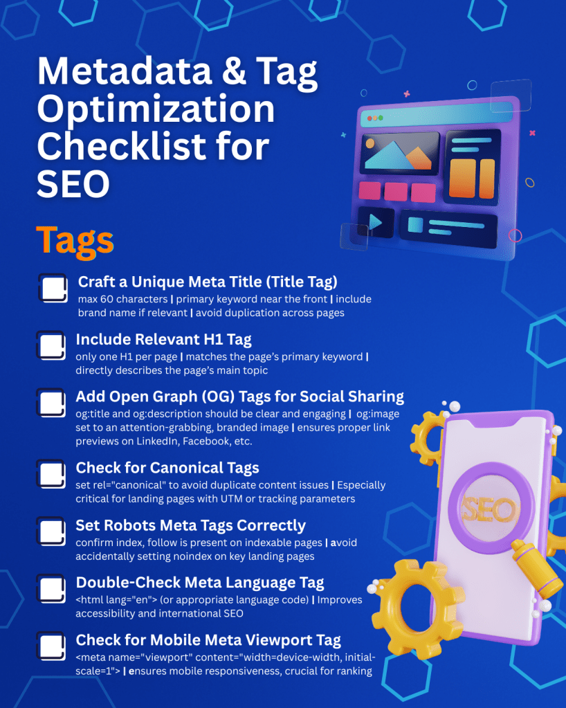 Checklist to optimize metadata and website tags for SEO